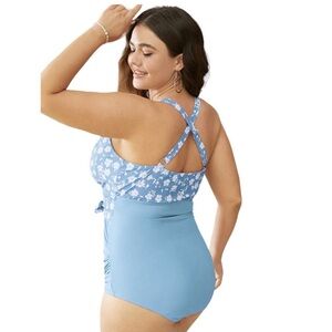 Bloomchic Baby Blue White Floral V Neck Ruffle One Piece Swimsuit 18/20